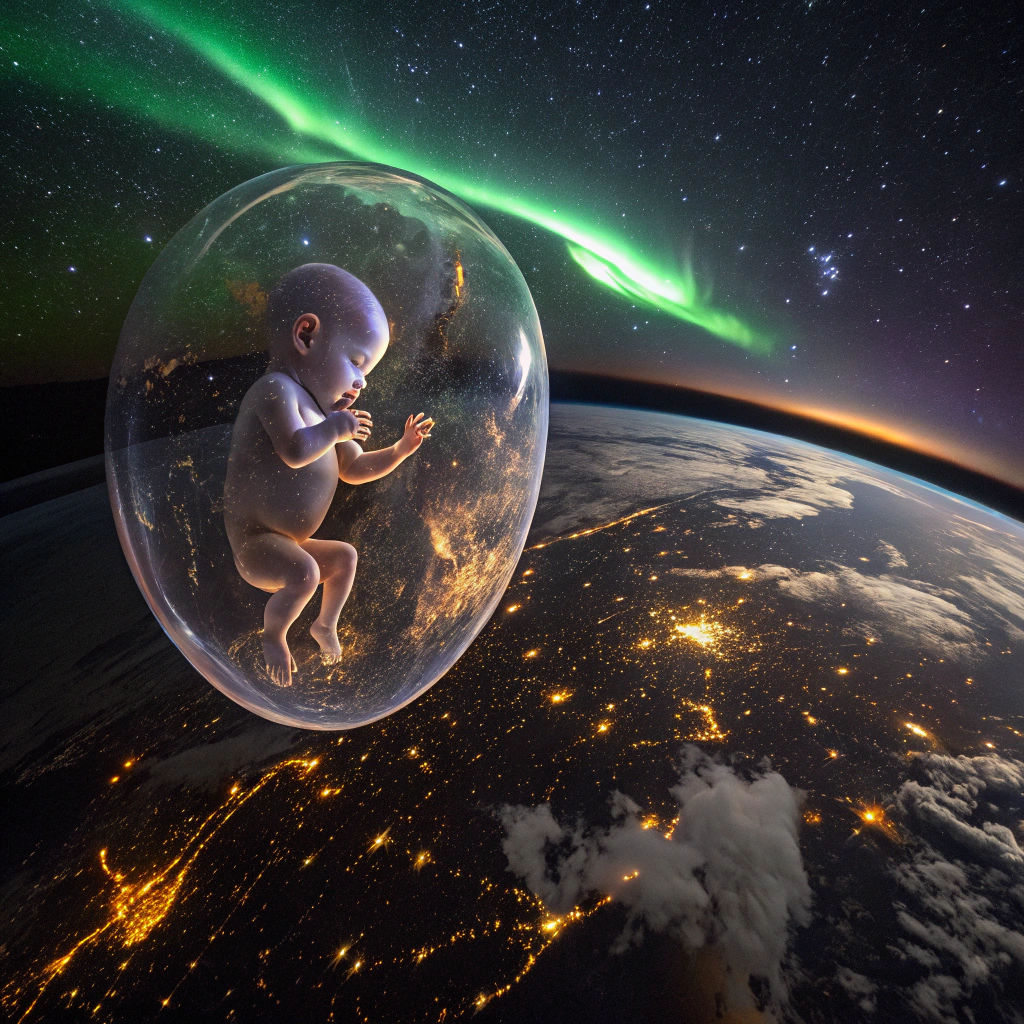 Iridescent Fetus Gazing at Earth from Space