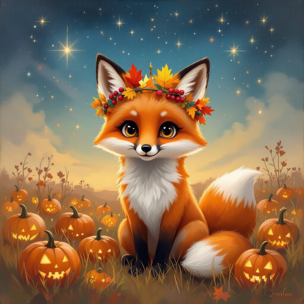 Anthropomorphic Fox in Autumn Pumpkin Field Under Starry Sky