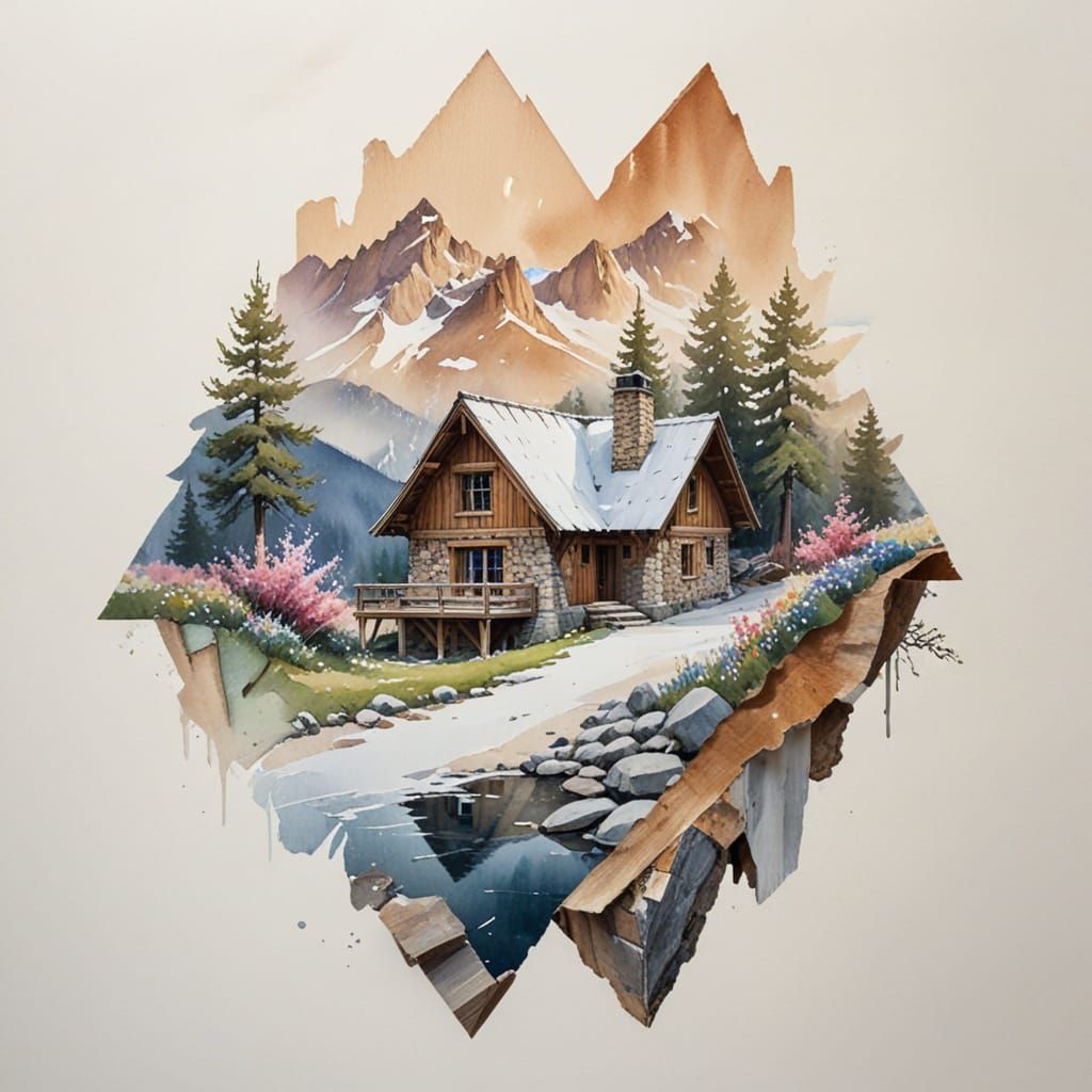 Rustic Mountain Retreat in Watercolor Style