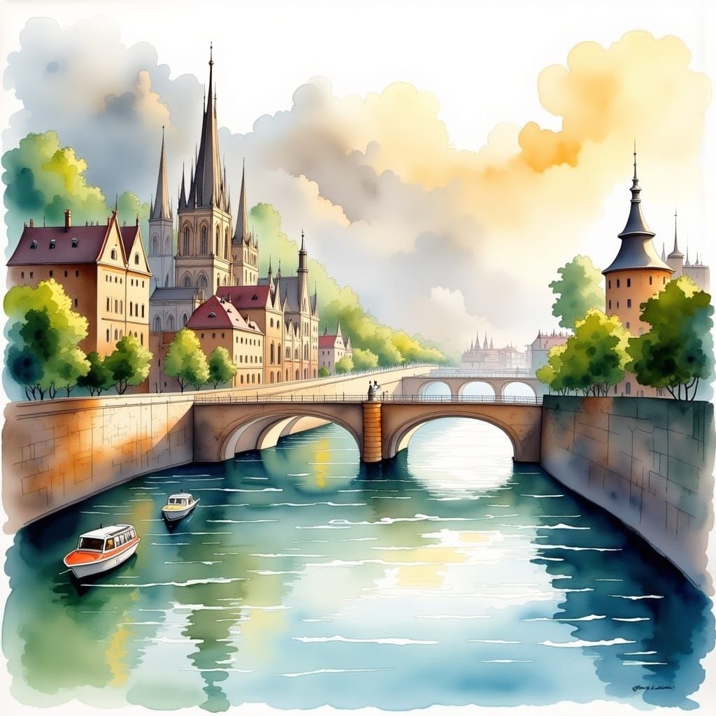 Fantastical Watercolour Cityscape with River