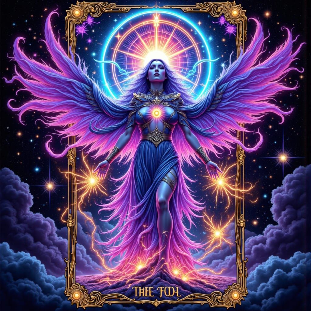 Futuristic Tarot Card: The Fool in Cyberpunk Style