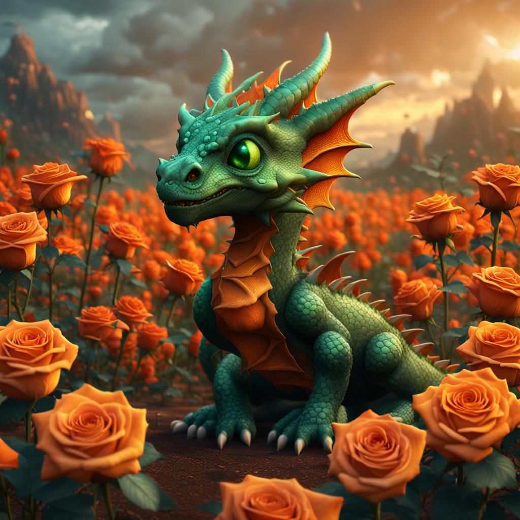 Green Dragon in Orange Rose Field: Fantasy Art