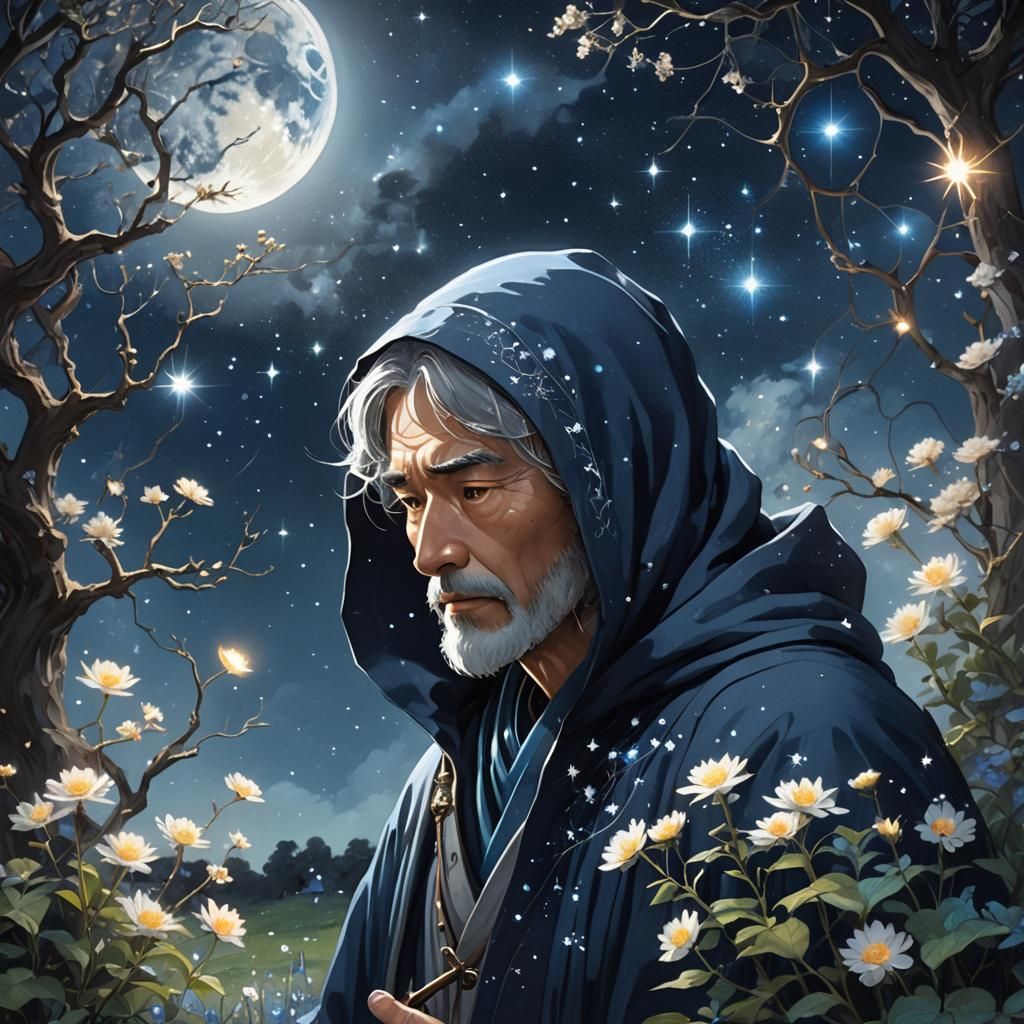 Moonlight Gardener Tending Celestial Stars in Dreamlike Art