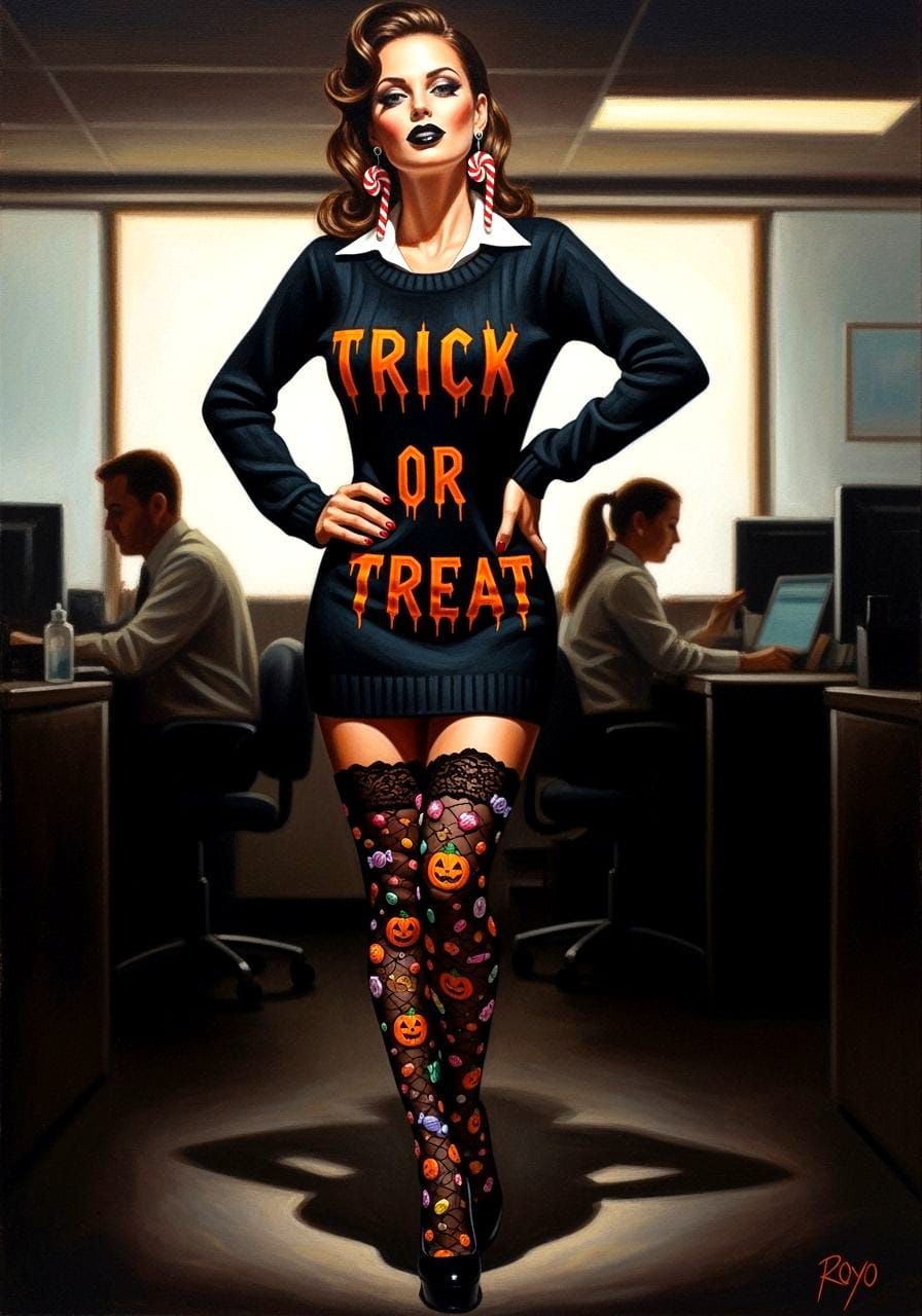 Pinup Secretary in Halloween Outfit as Oil Painting