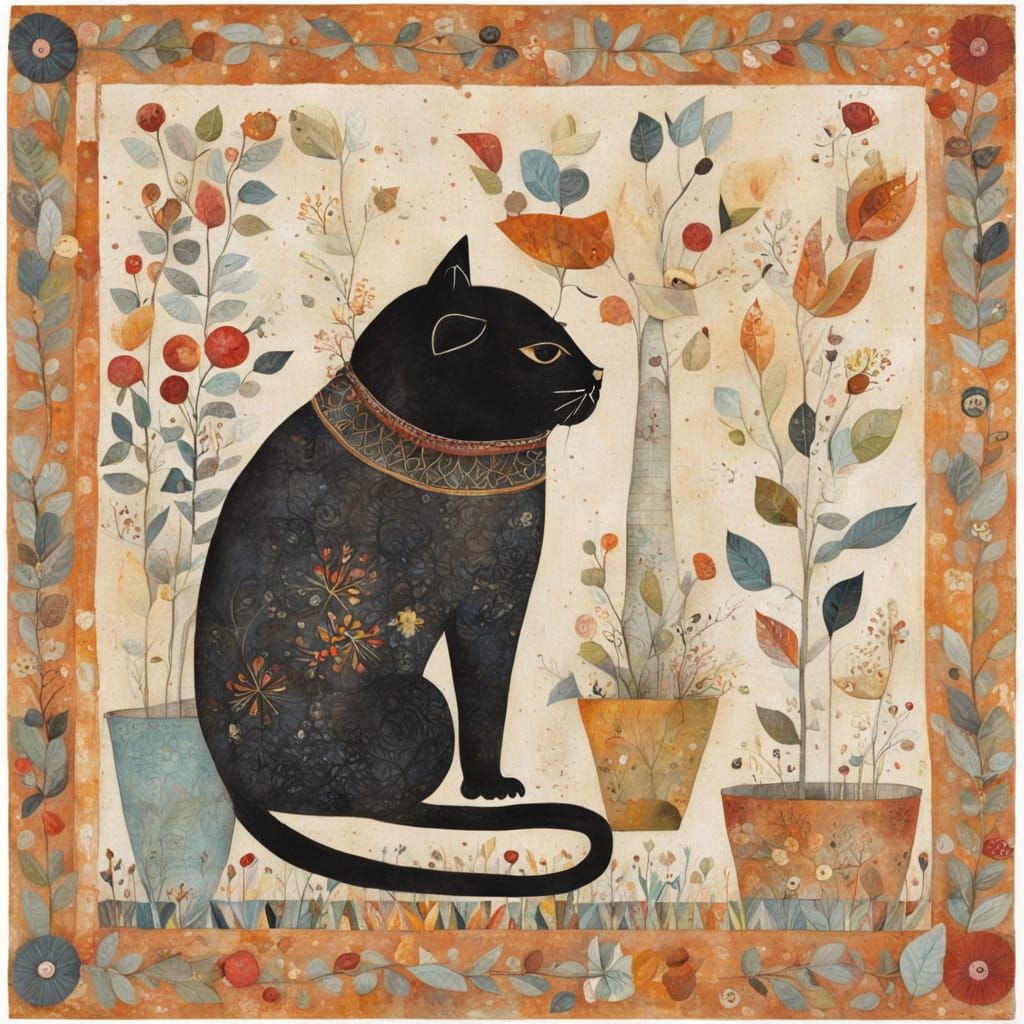 Whimsical Cat Portrait in Mixed Media Style