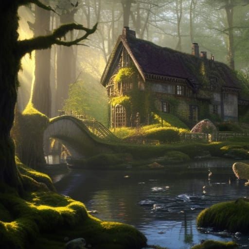 Gothic Cottage in Enchanted Woodland, Digital Art