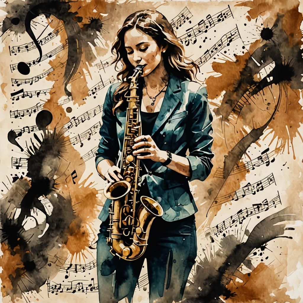 Female Musician's Ink Painting with Saxophone