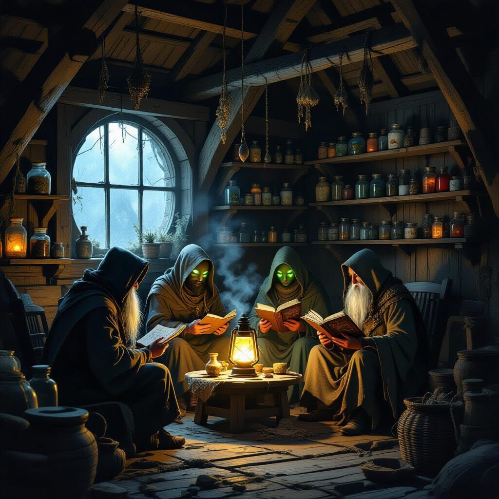 Rustic Hut Gathering Around Magical Lantern