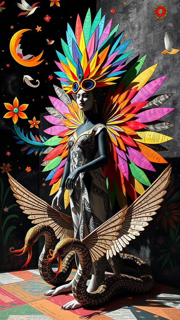 Aztec Quetzalcoatl in Dada Collage Photogram Style