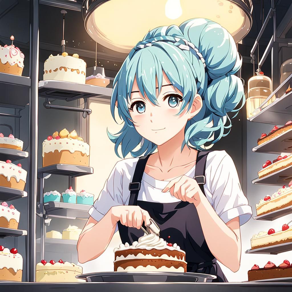 Anime Girl Baking a Cake with Frosting