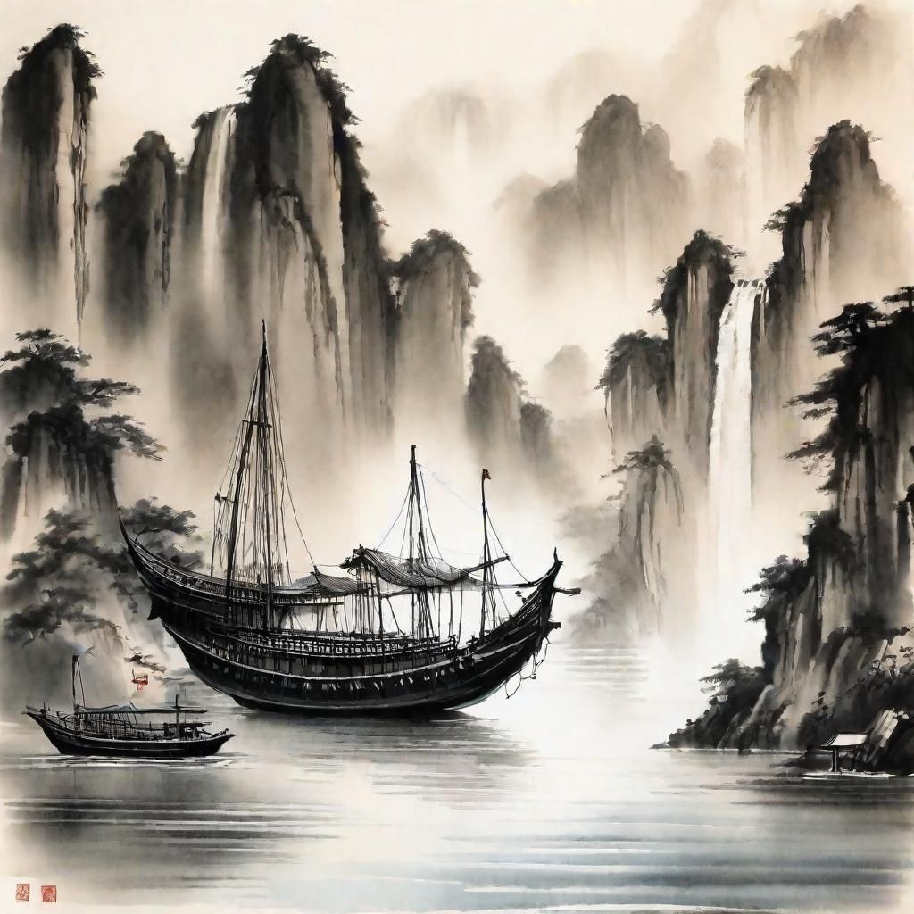 Sumi-e Painting: Old Chinese Junk and Waterfalls