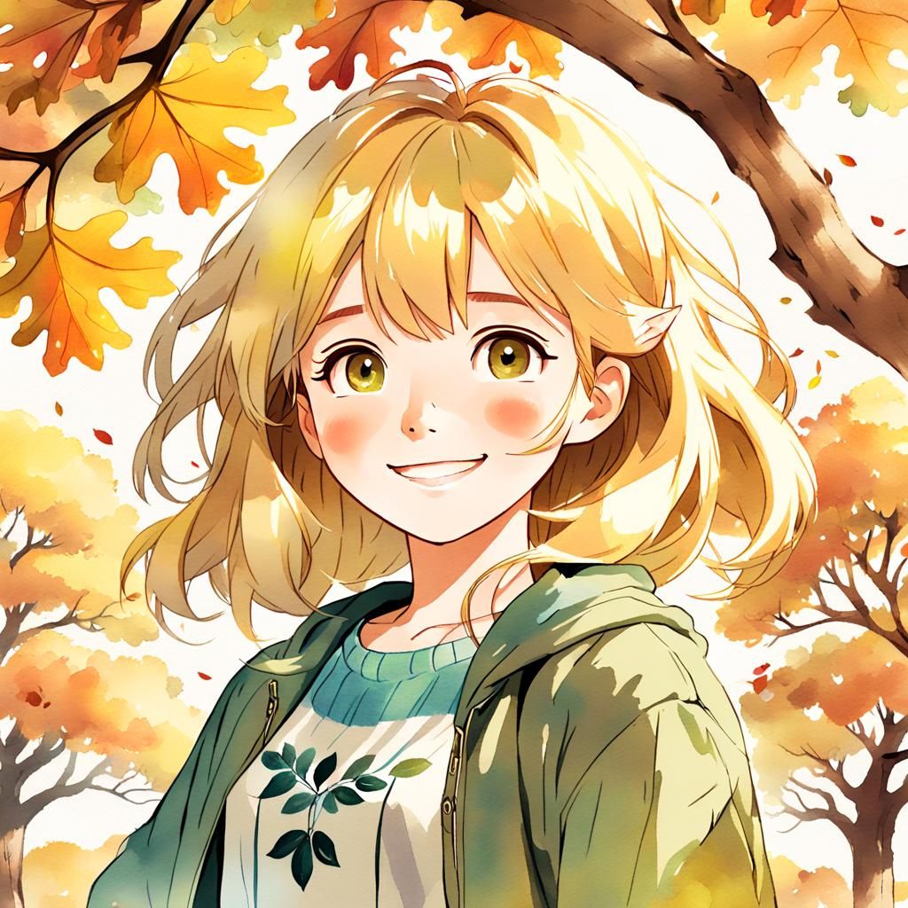 Woman Smiling in Autumnal Watercolor Landscape