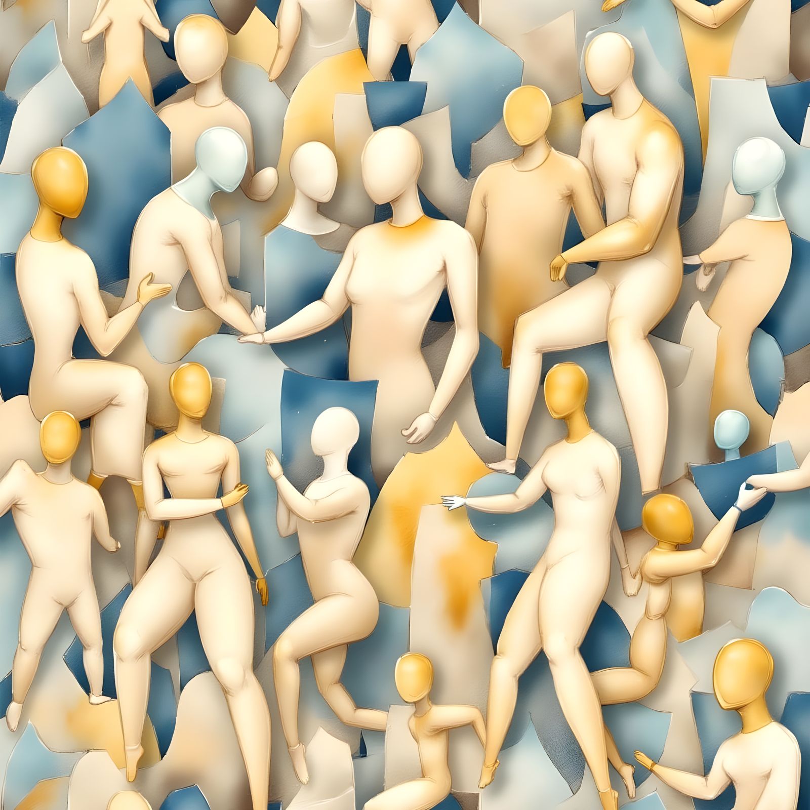 Surreal Watercolor Scene with Interconnected Figures