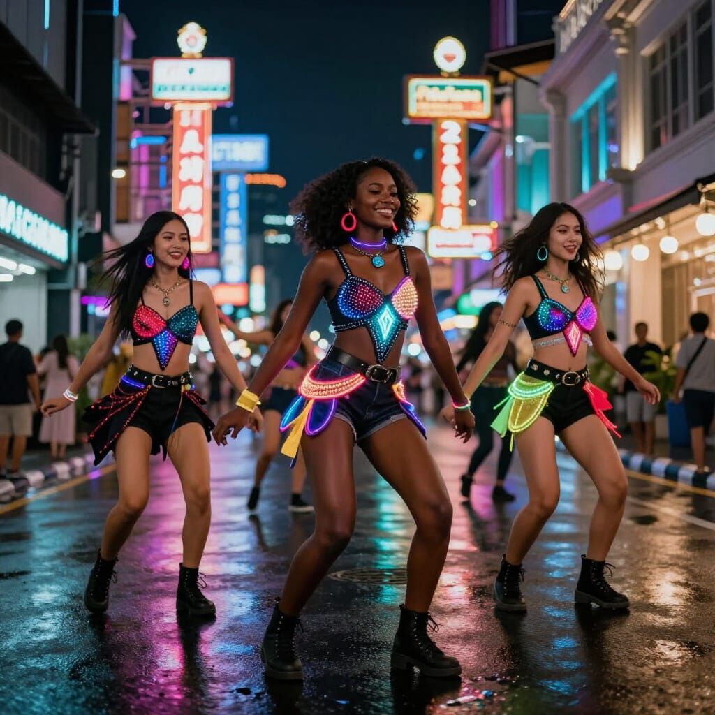 Women Dancing in Neon Dystopian Streetwear