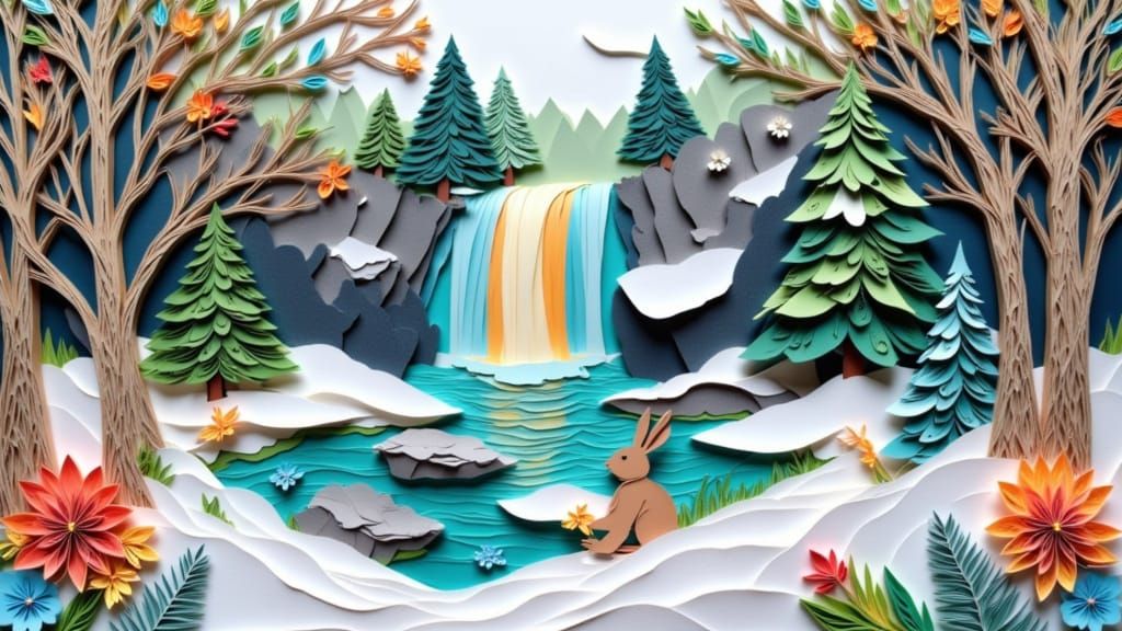 Winter Papercraft Scene with Rabbits and Waterfalls