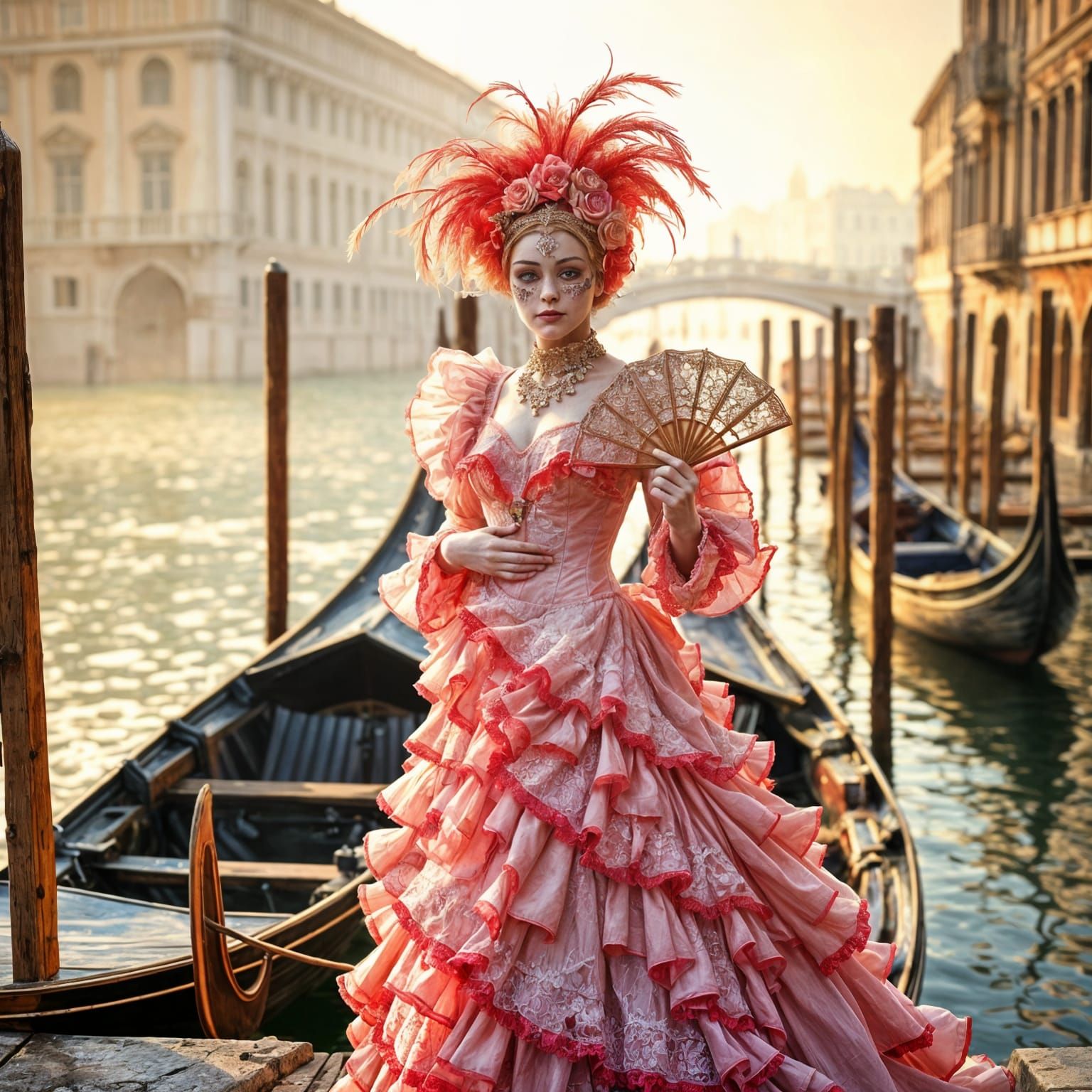 A Venetian carnival figure dressed in an opulent pink and la...