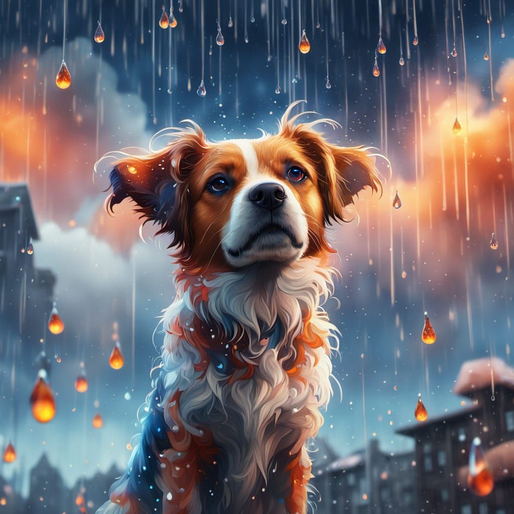 Dog Watches Watercolor Rain: Fantasy Digital Art