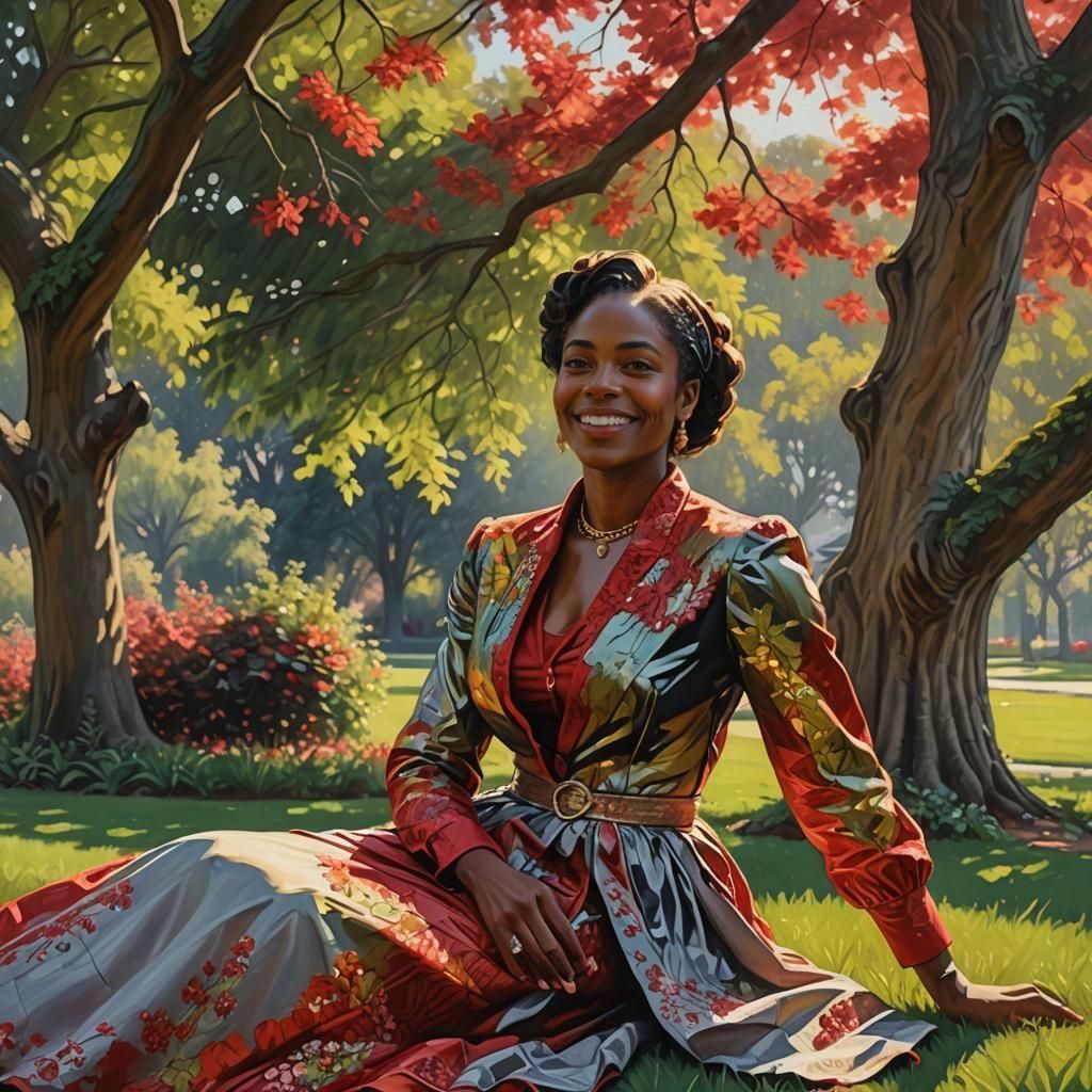 Elegant Woman in Park, Impressionistic Style