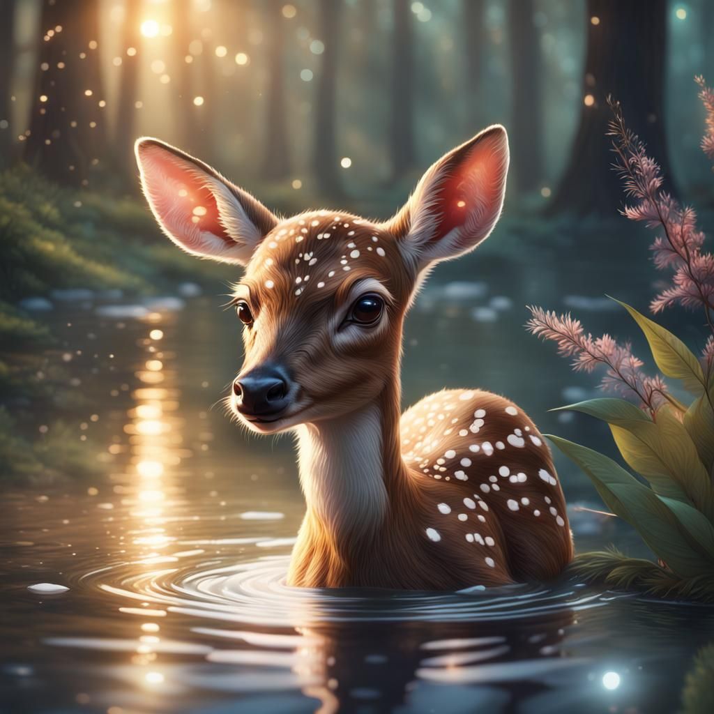 Fawn Portrait in Forest, Detailed Digital Art