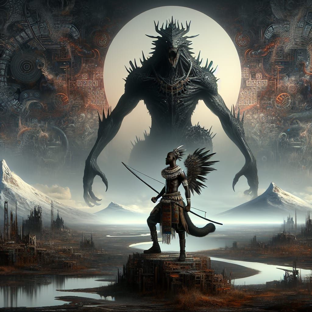 African Monster Hunter in Post-Apocalyptic Landscape