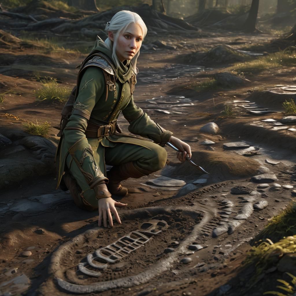 Elven Forest Ranger Inspecting Tracks in Cyberpunk Scene