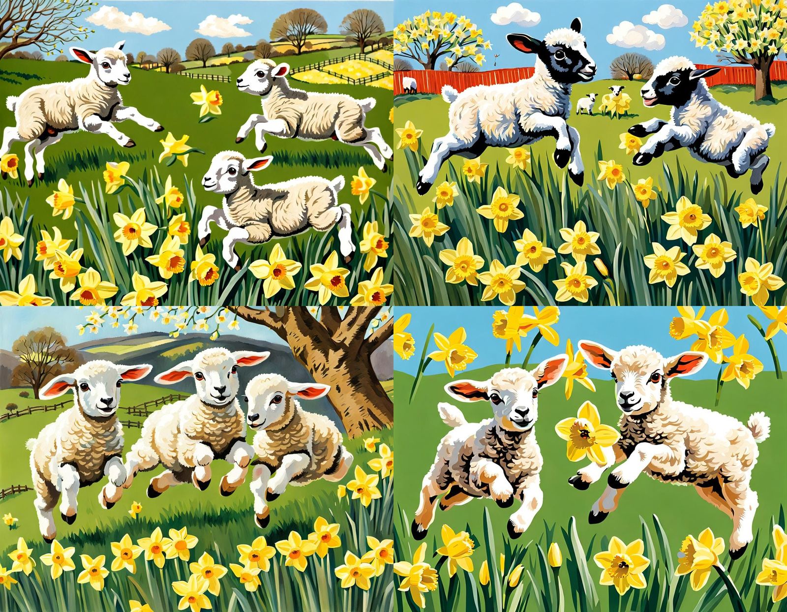 Lambs Playing with Daffodils in Ladybird Style