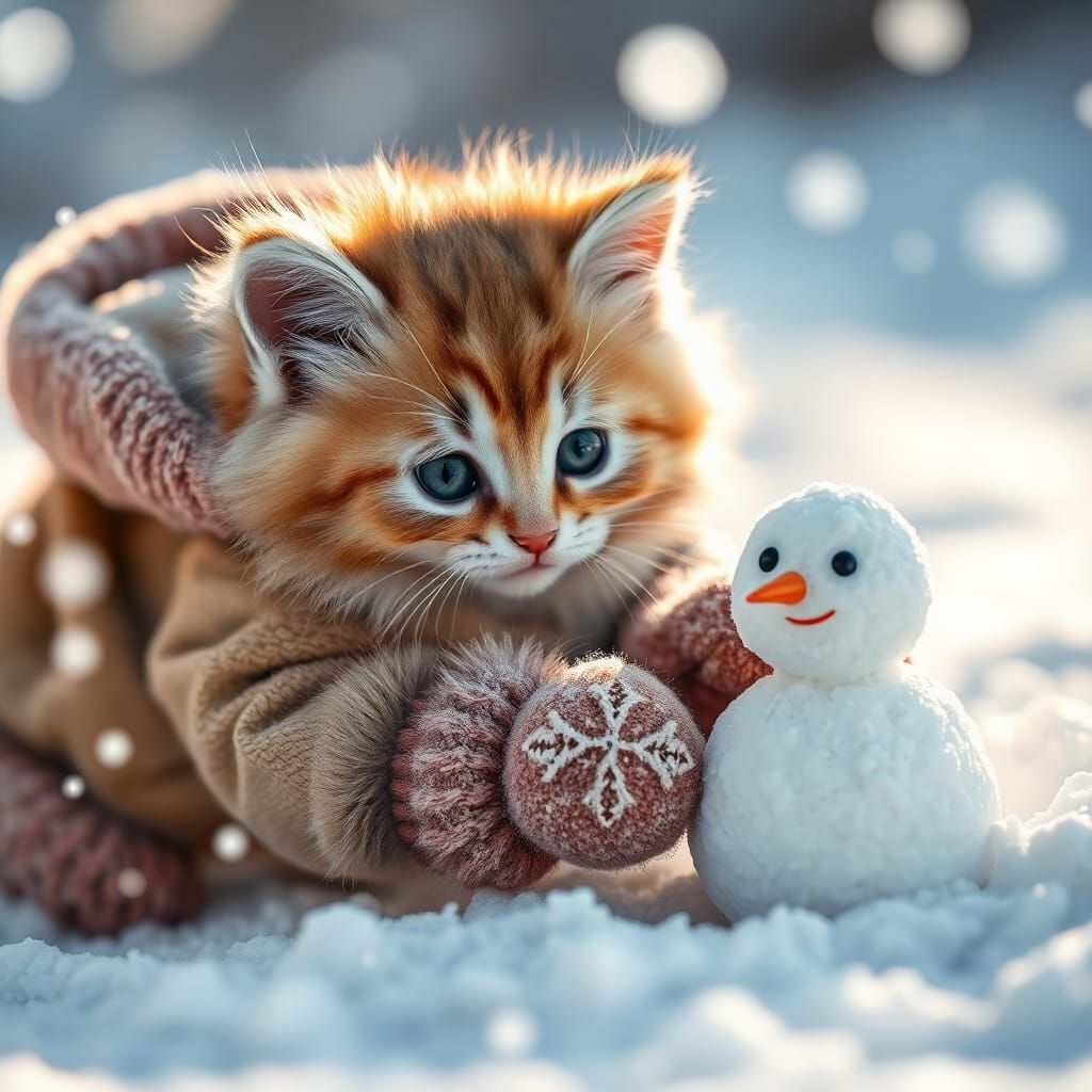 Playful Kitten and Snowman in Winter Wonderland