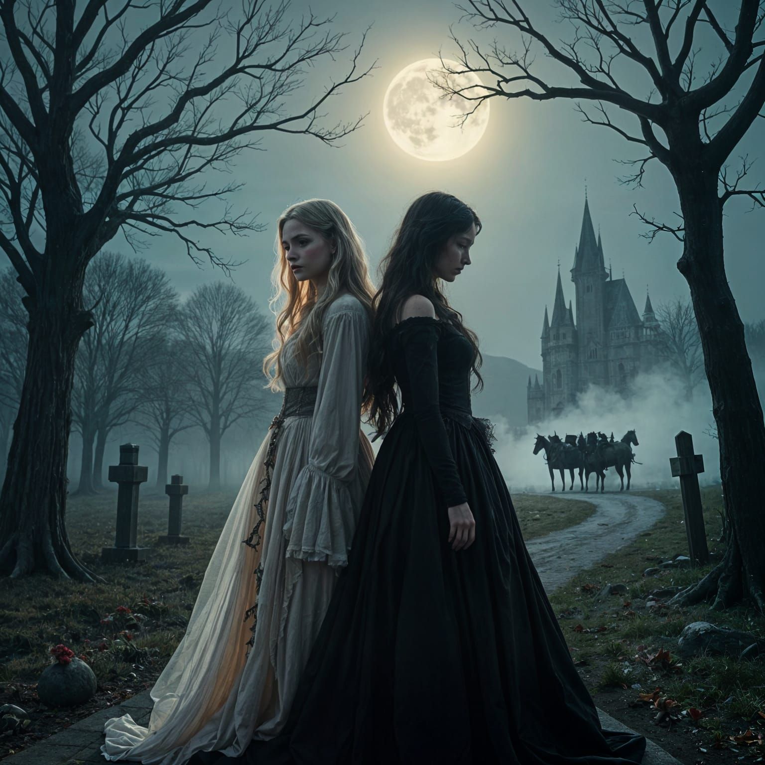 Gothic Women Under Moonlight With Distant Castle