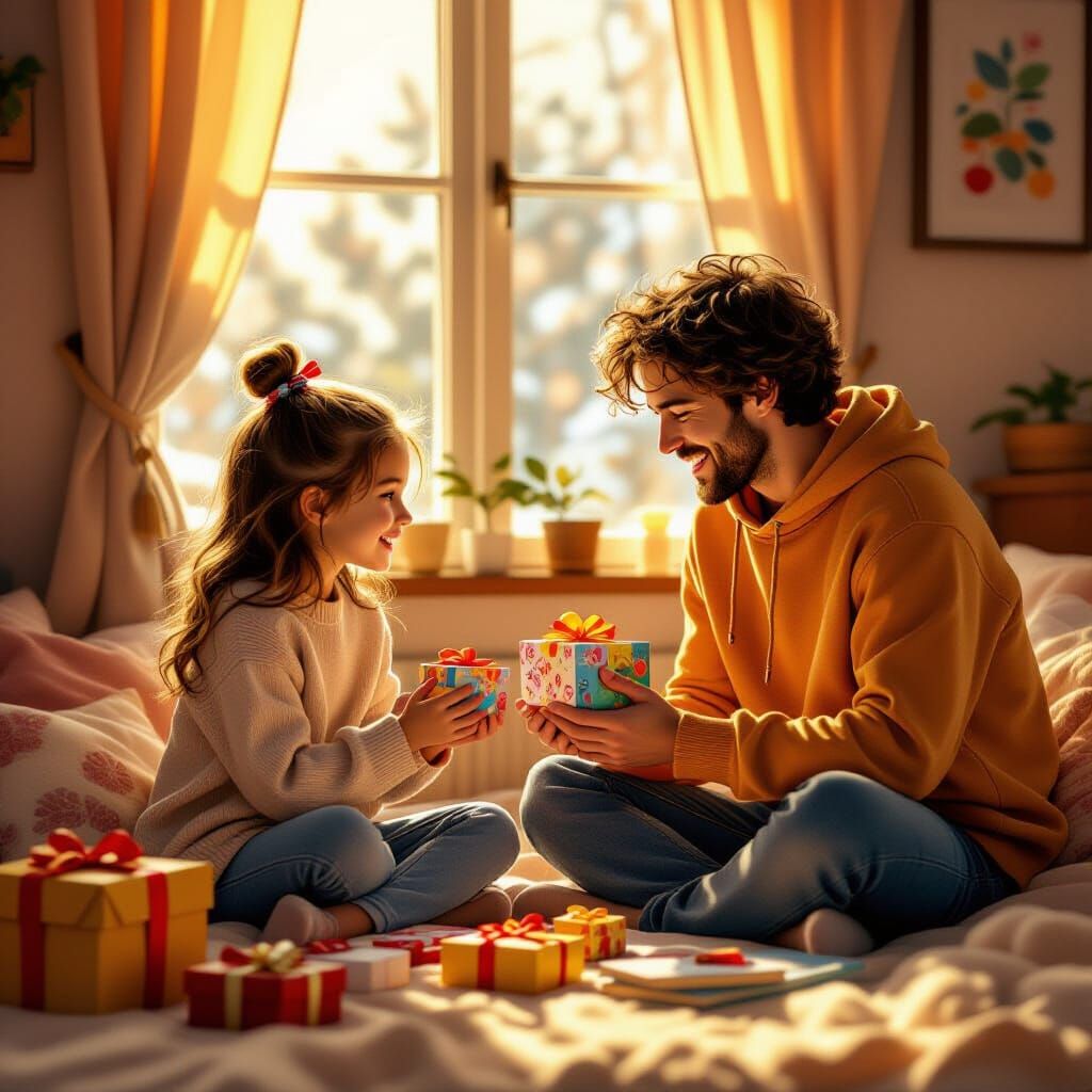 Brother Giving Sister Gifts in Cozy Room