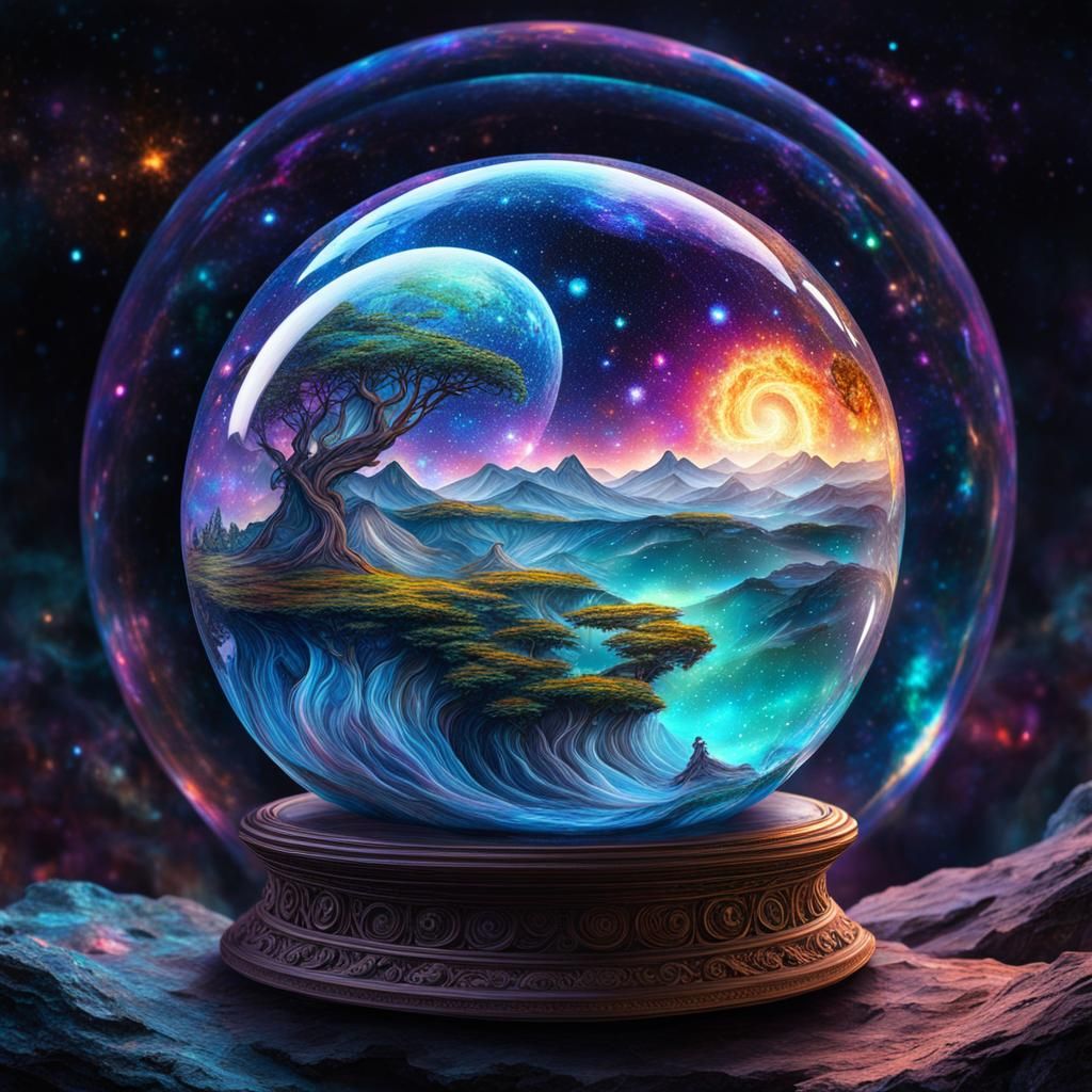 World in Glass Ball: Holographic Astral Illustration