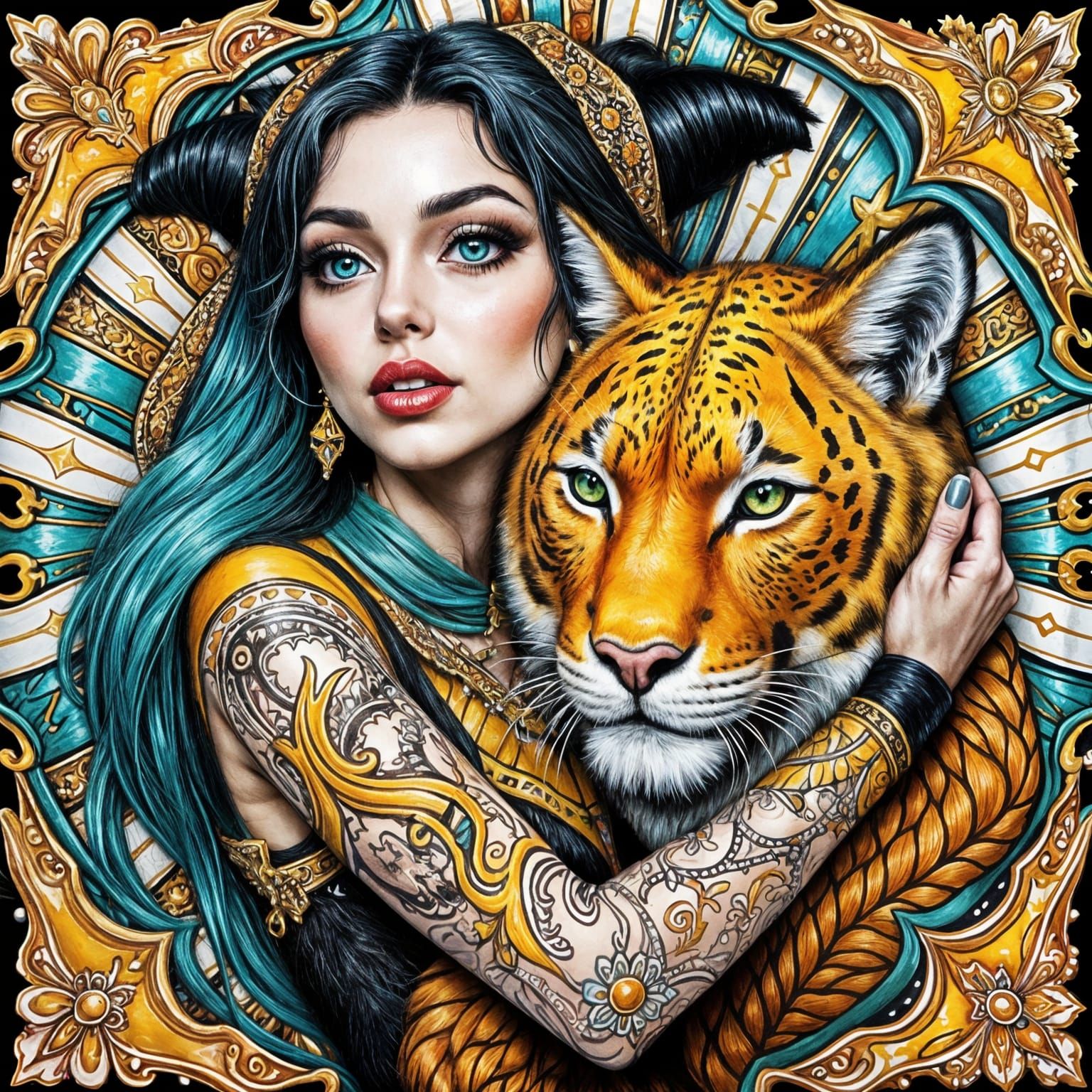 Harlequin and Big Cat in Watercolor Painting