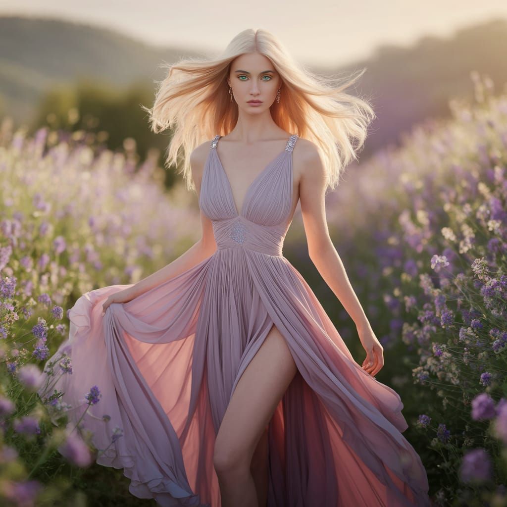 A breathtaking portrait of a supermodel with striking green eyes and flowing dior blonde hair, captured in a moment of e...