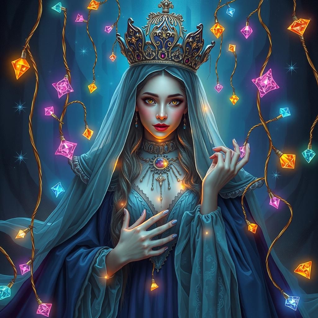 Regal Queen Surrounded by Magical Gemstones and Light