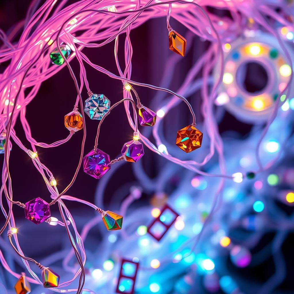 Iridescent Light Strings and Gemstones in Dreamlike Style
