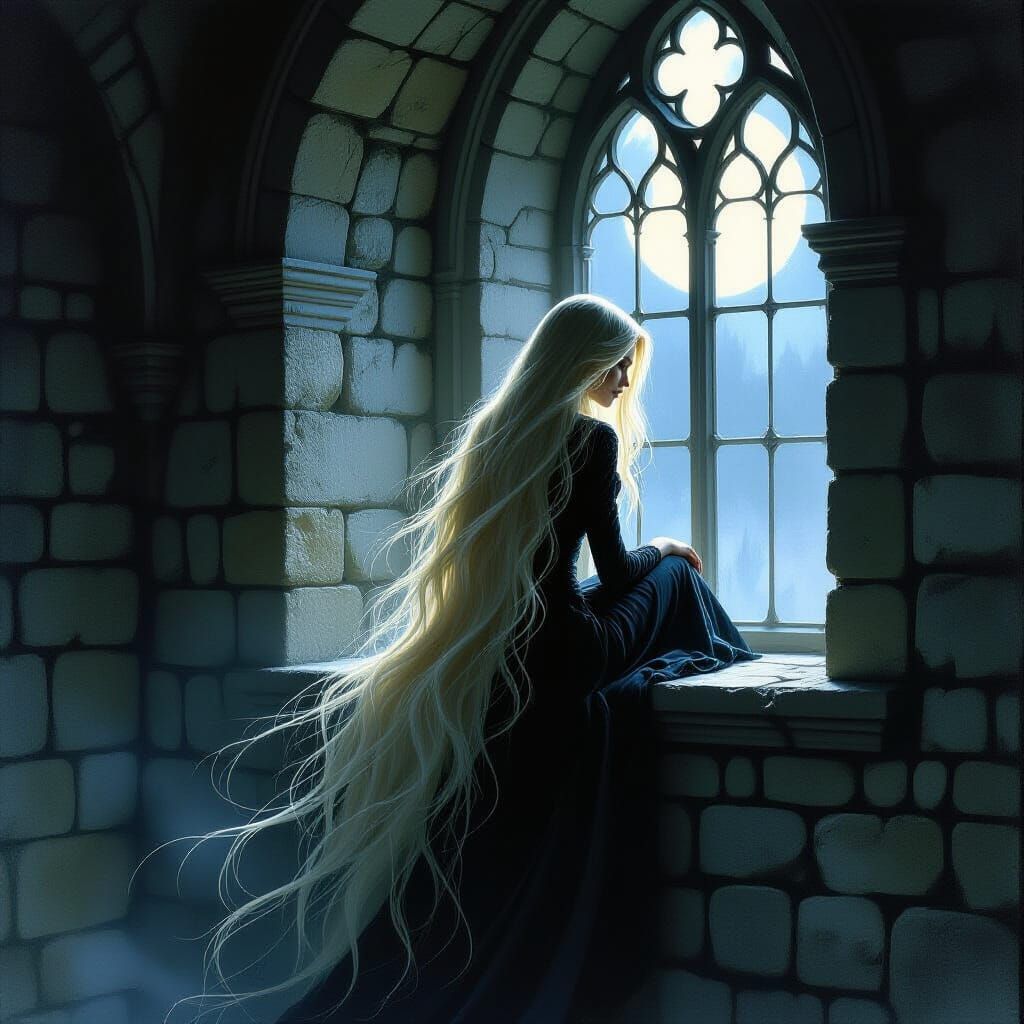 Long Haired Woman in Moonlit Tower, Dark Romanticism Style