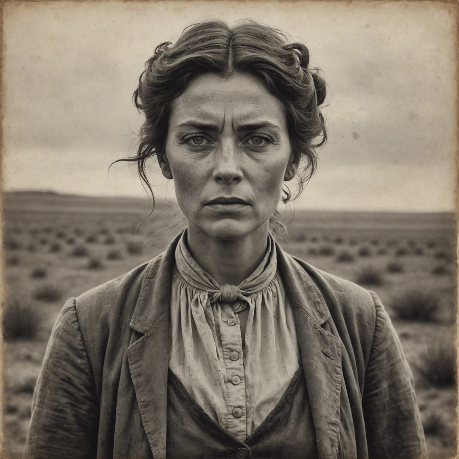 Fierce Woman in Dusty Field: Photorealistic Pencil Sketch