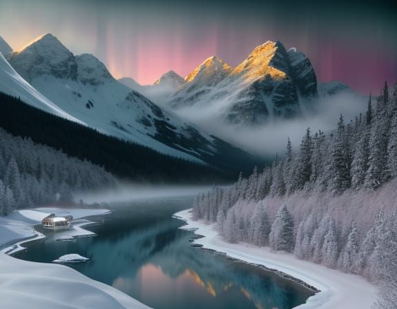 Hyper-Realistic Canadian Mountain Train Journey Under Aurora