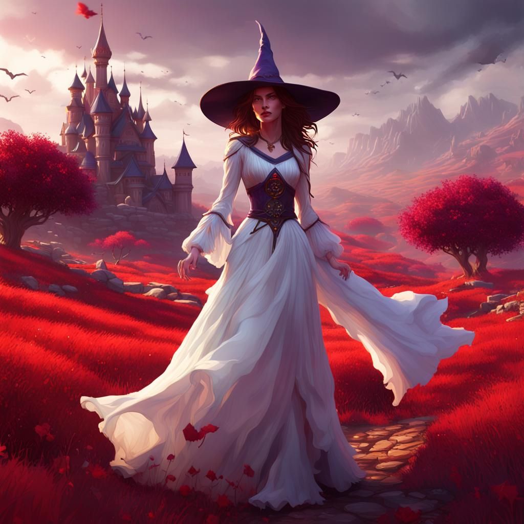 Lovely Witch in Red Landscape, Dark Fantasy Art