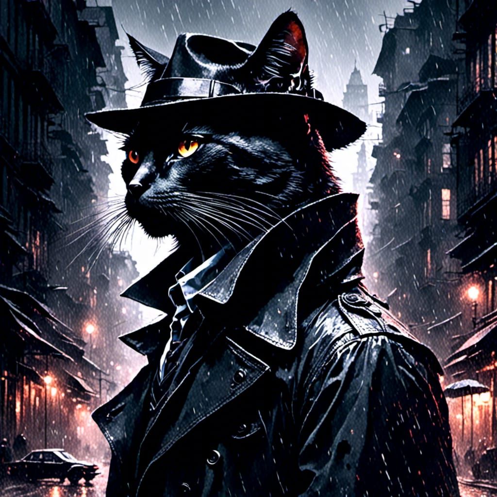 Noir Cat in Dystopian Alley, Digital Illustration