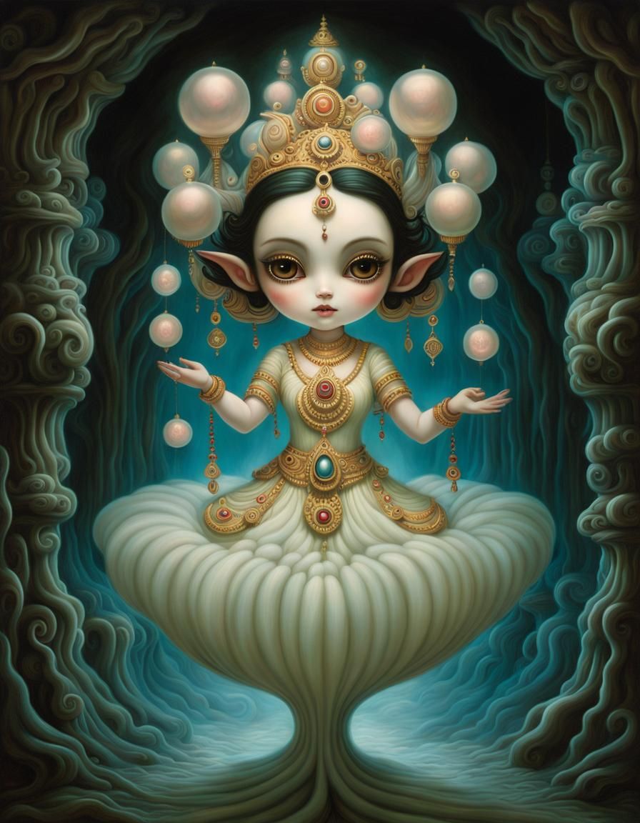 in dark cavern, mark ryden stylen misty  gaunt fantasy hindu goddess ghost, floating off  ground in fantasy fashion, mul...
