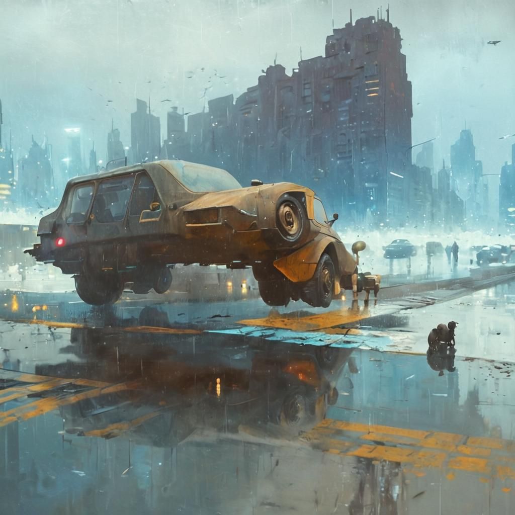 Futuristic Cityscape in Rainy Ambiance as Oil Painting