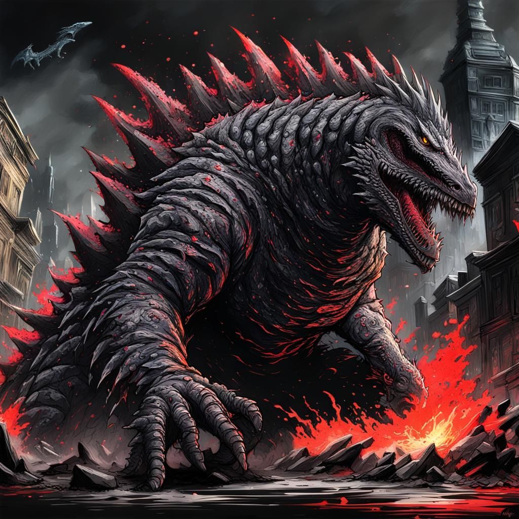 Bloodborne Hunter Fused with Godzilla in Graffiti Art