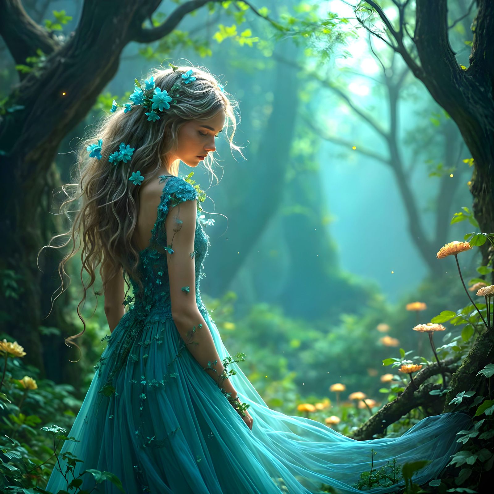 Ethereal Woman with Bioluminescent Flora, Art Nouveau Style