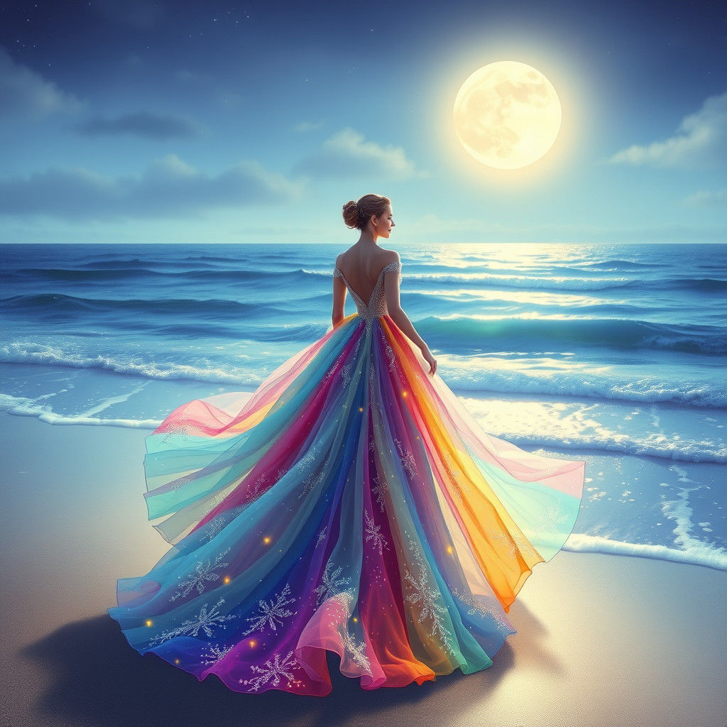 Serenely Elegant Woman Walks Along Moonlit Shore in Vibrant ...