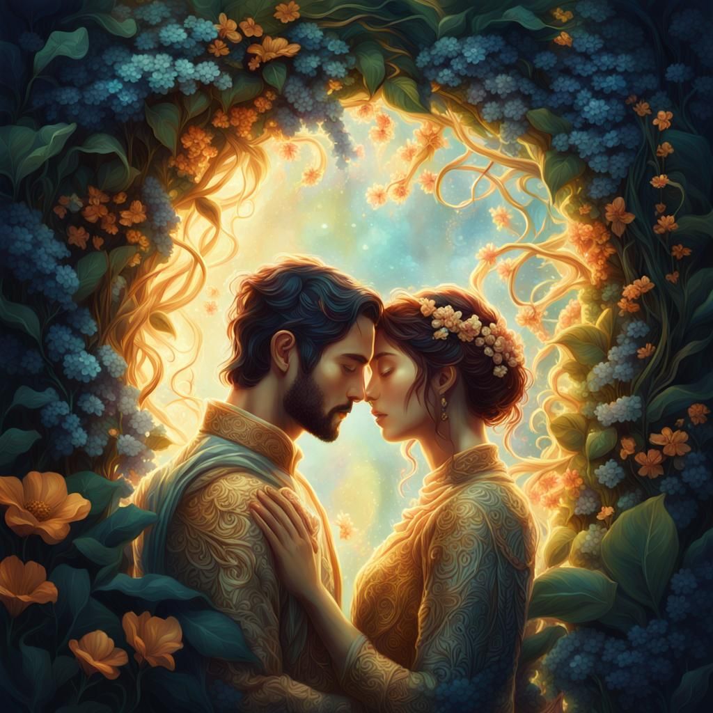 Romantic Couple Embracing in Lush Fantasy Landscape