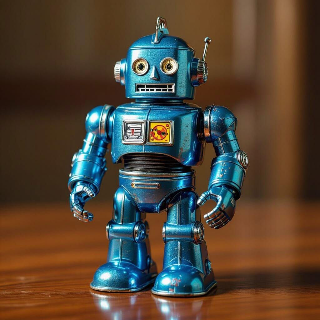 Vibrant Blue Robby Robot Toy in Hyperrealistic Style