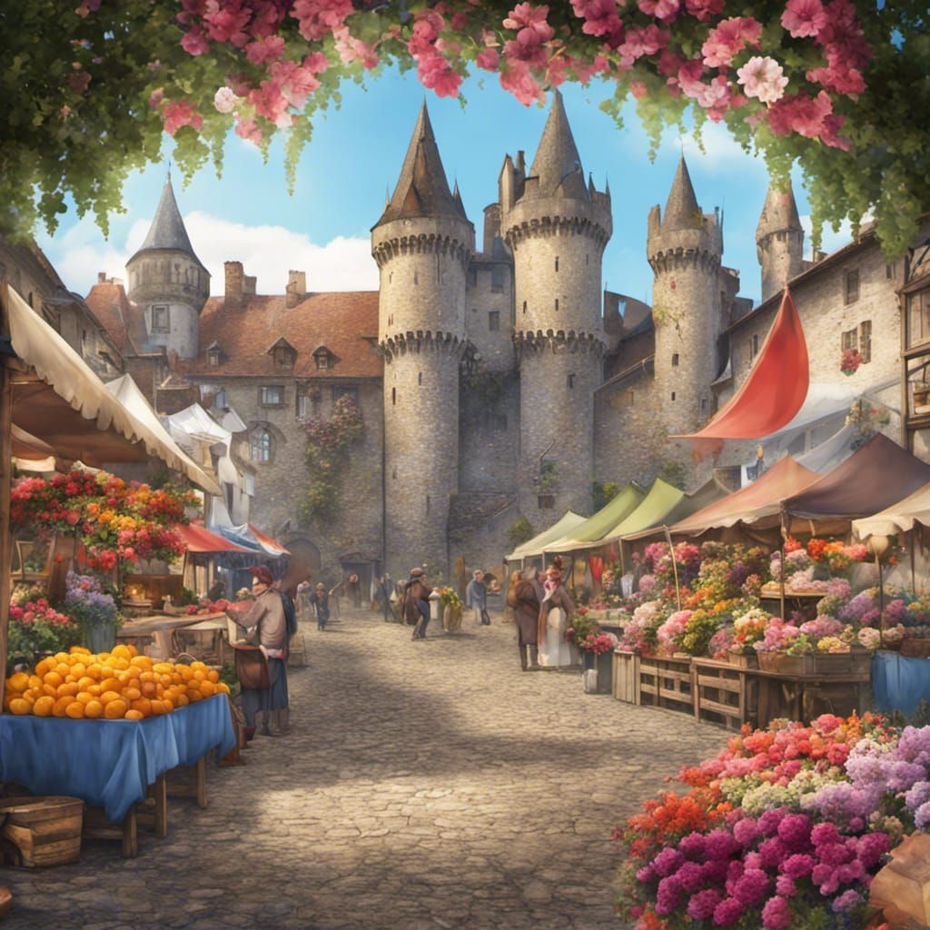 Colorful Medieval Marketplace with Castle