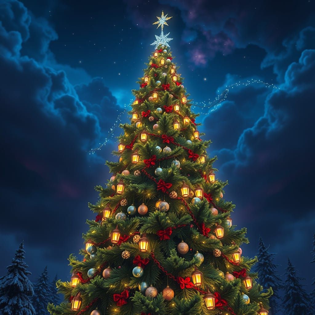 Ethereal Christmas Tree Under Starry Night Sky