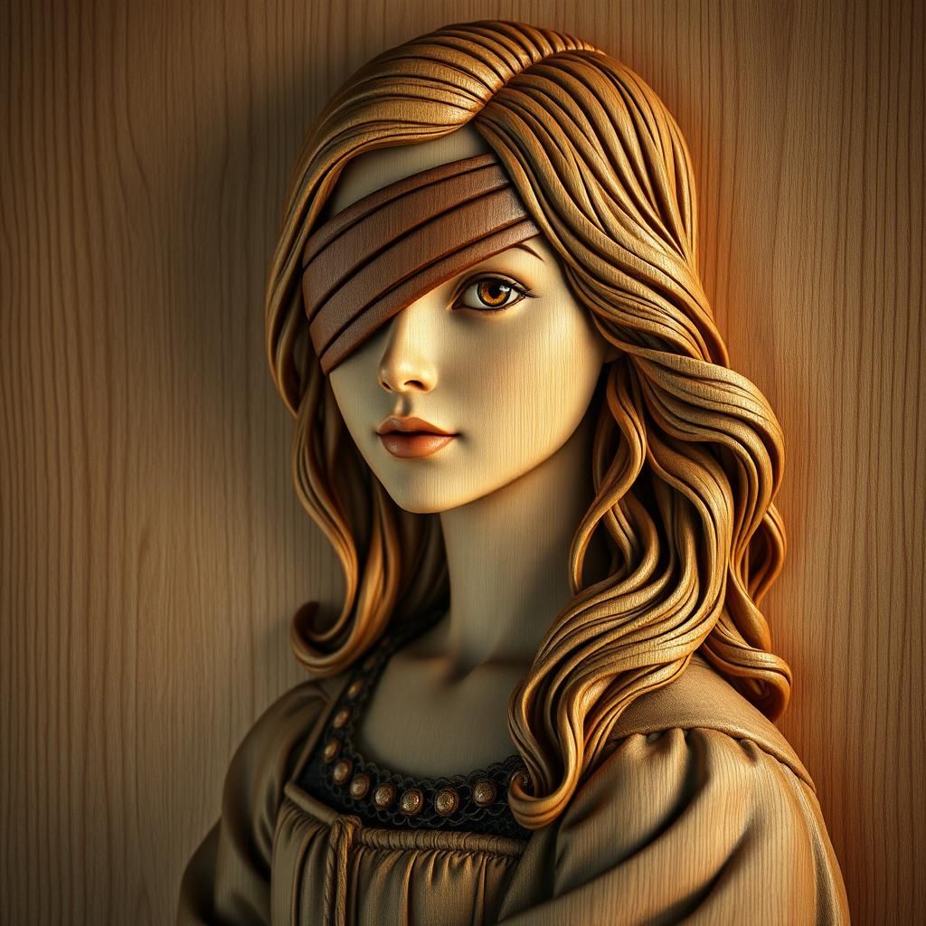 Wood Carved Portrait of Woman with Eyepatch