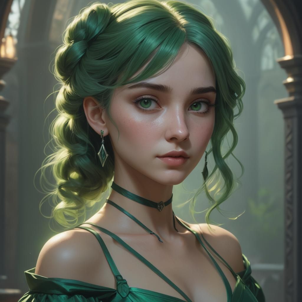 Green Dress Portrait in Art Nouveau Style